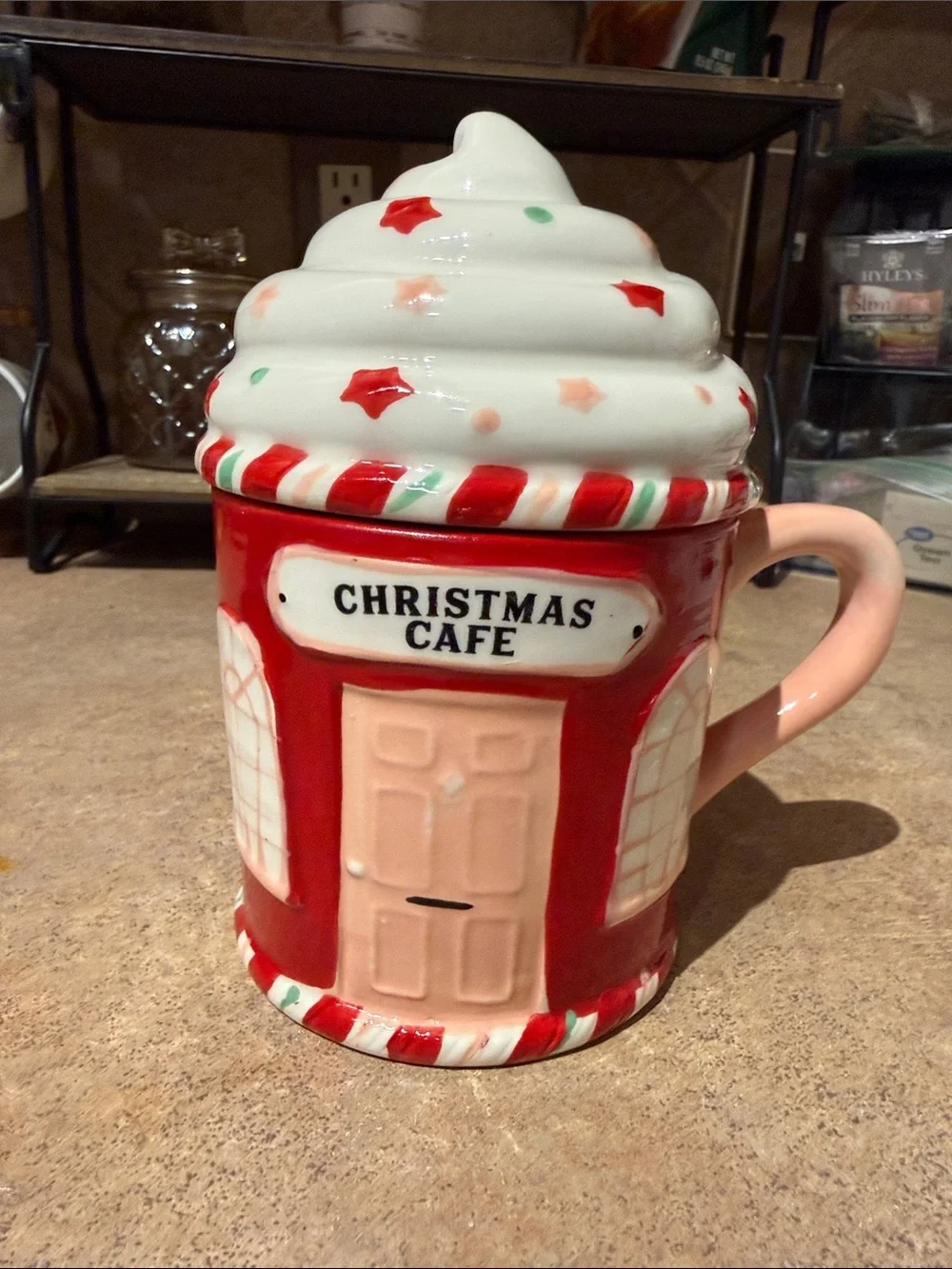 Christmas Cafe Holiday Ceramic Mug with Lid - Red & White